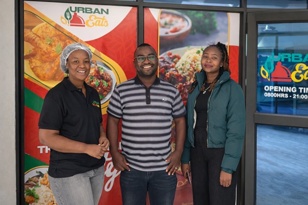 From left Enny Chitongo Women’s Bootcamp participant and restaurant entrepreneur, Kudakwashe Munemo (IYWD) and Tinodaishe Chimanyi (IYWD) at the Urban Eats Restaurant in Masvingo.
